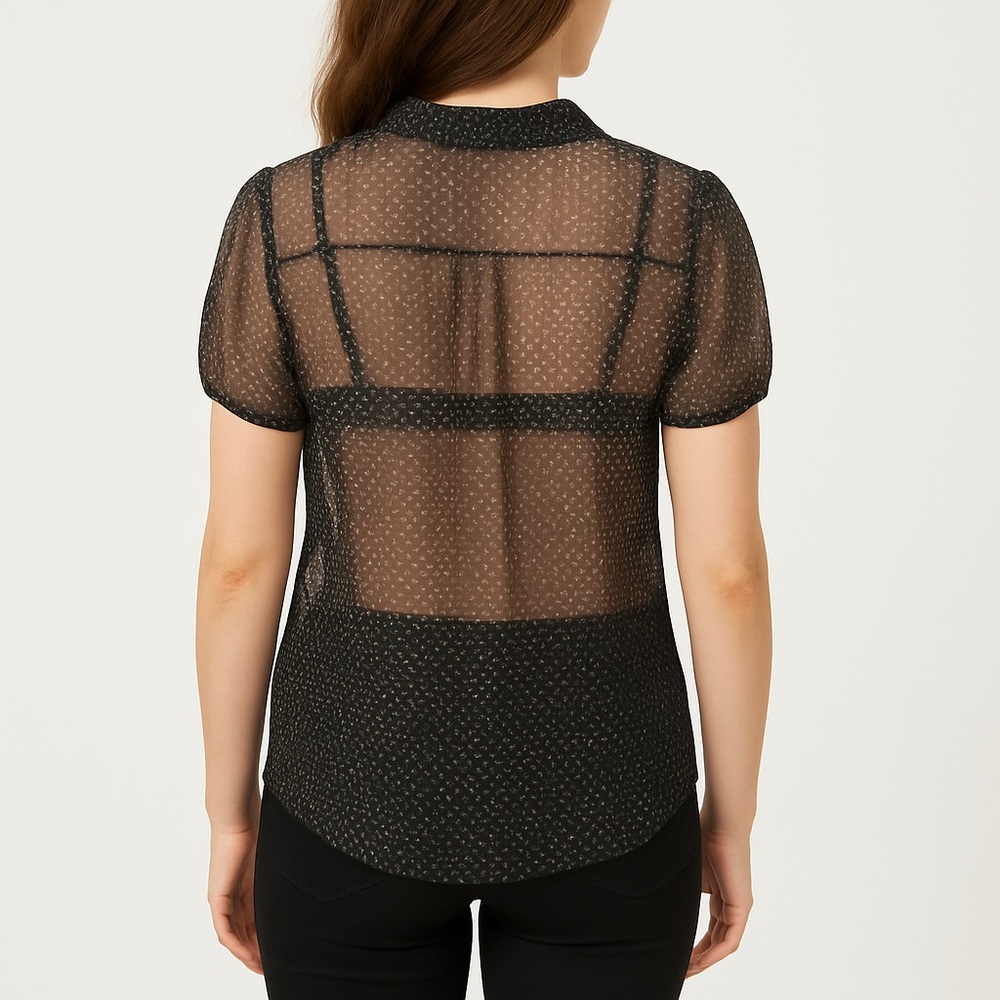 THE limited blouse sheer black Swiss dot top‎ short sleeve ruffle neck. Size M - Picture 1 of 7